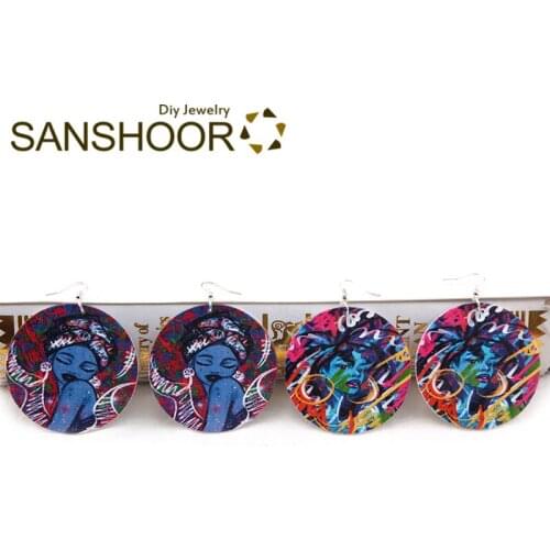 SANSHOOR Painting African Black Woman Wood Dangle Earrings Afrocentric Headwrap Natural Hair For Women Christmas Gifts 6Pairs