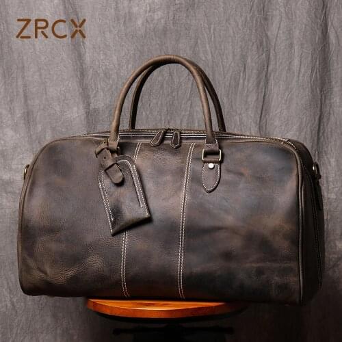 ZRCX Vintage Mens Hand Luggage Bag Travel Bag Genuine Leather Large Capacity Single Shoulder Messenger For 14 Inch Laptop