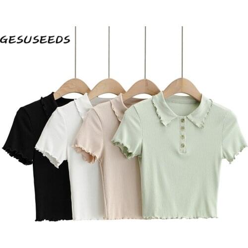Vintage Polo Shirt Women Kawaii short sleeve Shirts Summer Casual T Shirt Women Ribbed Top Ruffle Knitted Cropped Tops White