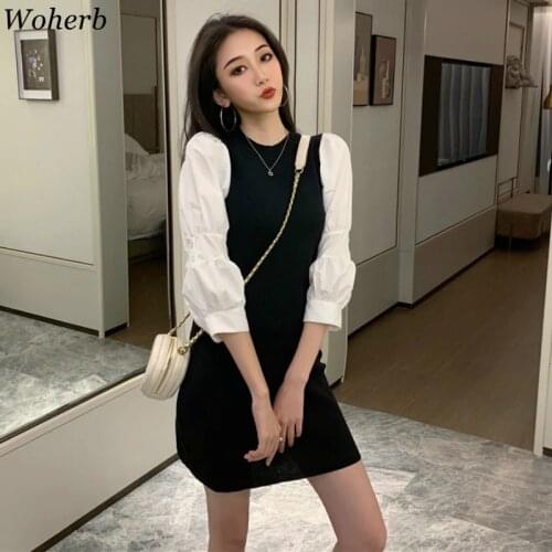 Woherb 2021 Spring Summer Mini Party Dress Women Puff Sleeve Knit Dresses Korean Elegant Vintage Pencil Robe Vestidos De Festa