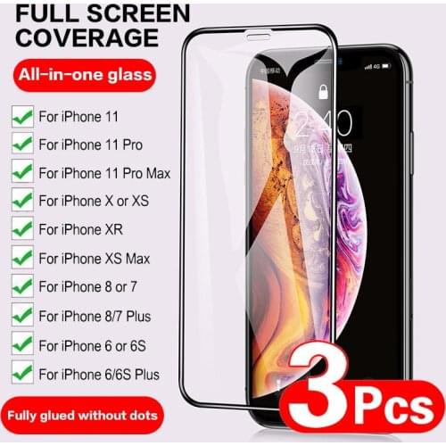3Pcs Protective Glass on the For iPhone 6 6s 7 8 plus XR X XS glass full cover iPhone 11 Pro Max Screen Protector Tempered Glass