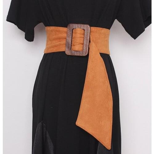 Womens runway fashion wood buckle velvet Cummerbunds female Dress Corsets Waistband Belts decoration wide belt TB1538