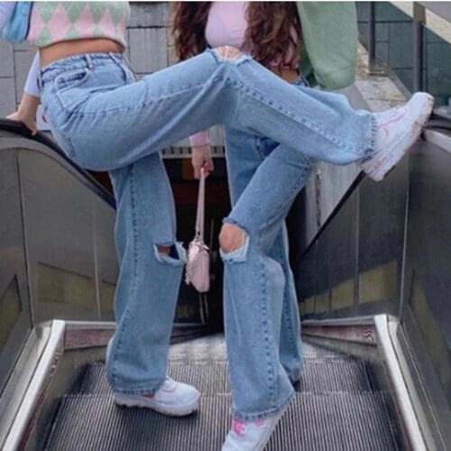 Womens Denim Jeans High Waist Straight-leg Pocket Wide Leg Jeans Button Jeans Hole Ripped Straight Jeans Street Pants Vaqueros