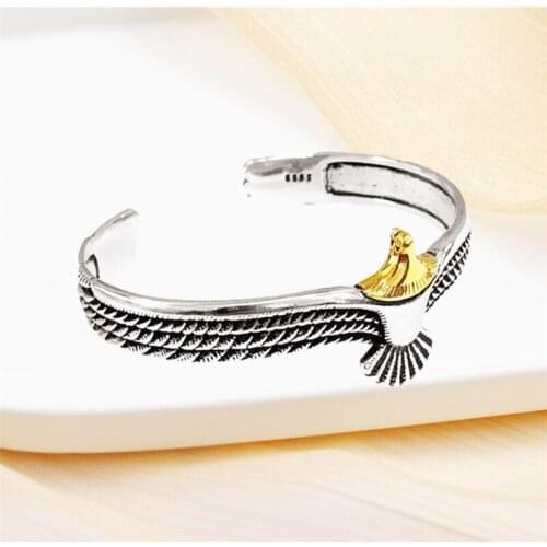 Fashion forward Sole Memory Thai Silver Retro Eagle Feather Wings 925 Sterling Silver Male Female Resizable Bracelets