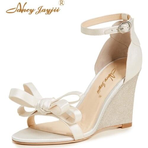 Off White 2019 Summer Ladies Sandals Party Buckle Strap Solid Sweet Butterfly-Knot Ankle Strap Wedges Elegant Dress Size 40 37