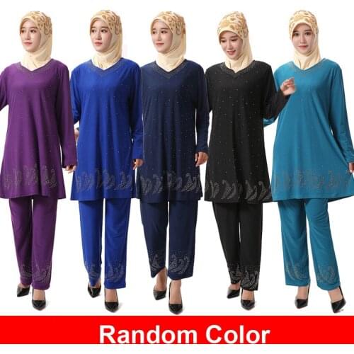 2PCs Islamic Clothing Set Full Sleeve Top Trousers Outfits Women Muslim Costumes Diamons Soft Comfy Ramadan American Clothing
