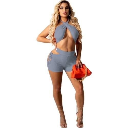 Tops Women 2021 Co Ord Set Summer Shorts Sets Halter Neck Sleeveless Backless Crop Top Short Set Tracksuit 2 Two Piece Set