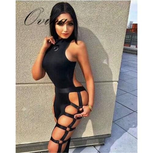 New Arrival Black Celebrity Tanks Hollow Out Side Bodycon Bandage Jumpsuit Women Rompers