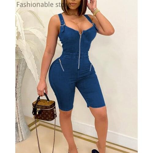 Women Solid Color Zipper Sleeveless Skinny Playsuit Casual Spaghetti Strap Romper