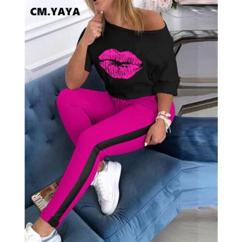 CM.YAYA summer women lips print two piece set off shoulder tee- top pencil jogger sweatpants suit sporting tracksuit overalls