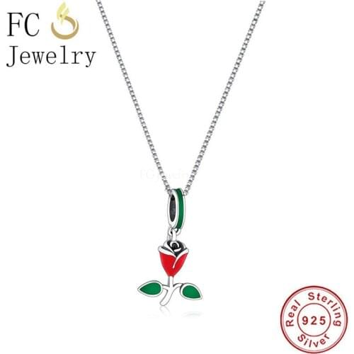 925 Sterling Silver Red Enamel Rose Flower Pendant Necklace For Women Friends Wife Mother Chain Choker Trinket 2021 New Arrival