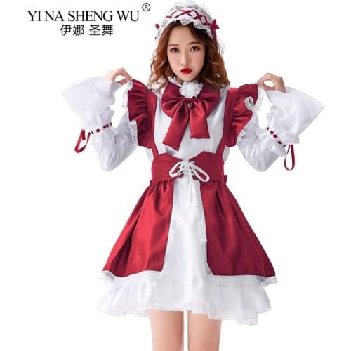 Gothic Lolita Dress Soft Maid Bow Bear Lace Red Black Dress Women Princess Maid Dress Harajuku Halloween Costume for Girls New
