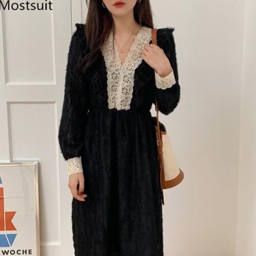 Vintage Lace Patchwork Women Long Dress Full Sleeve V-neck Dresses Korean Elegant Party Ladies Vestidos Femme 2021