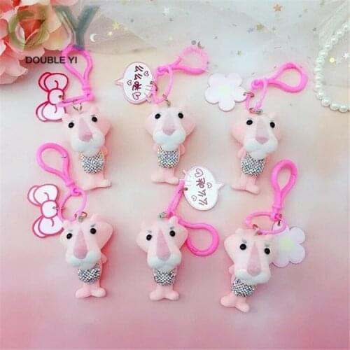 6 Pcs Flocked Pink Panther Doll Keychain Cute Cryatal leopard Pendant Keychain DIY Necklace Cosplay Collection Fans Gift Friend