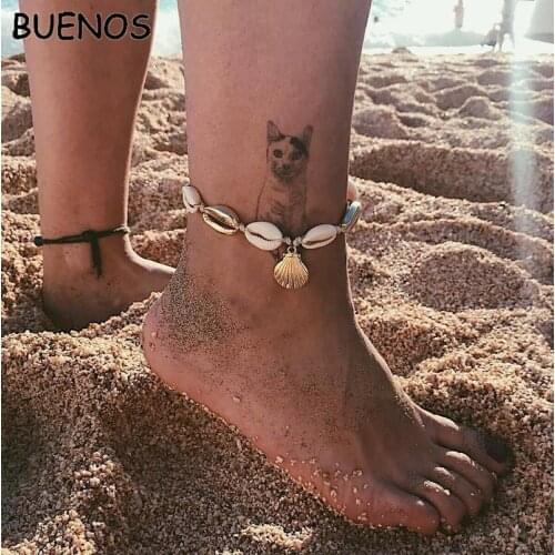 BUENOS Beach Gold Color Anklet Women Shell Sequins Beads Bracelet Charm Bohemian Ankle Bracelet Boho Foot Summer Beach Jewelry
