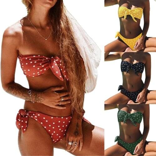 2Pcs Sexy Bikinis Set Women High Waist Strapless Push Up Bra Solid Color Knot Padded Bras Briefs Bikini Set Swimwear Swimsuit
