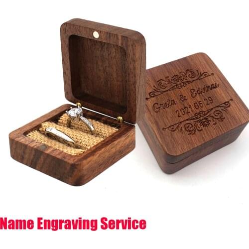 Wood Engagement Ring Bearer Box Rustic Custom Bride & groom Wedding Ring Box Pillow engraved Name Square Gift Wooden jewelry box