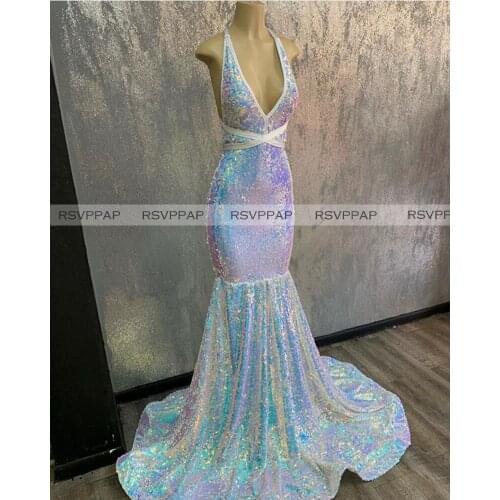 Long Prom Dresses 2021 Elegant Colorful Sequin Sexy V-neck Backless Customized African Girl Mermaid Prom Gowns