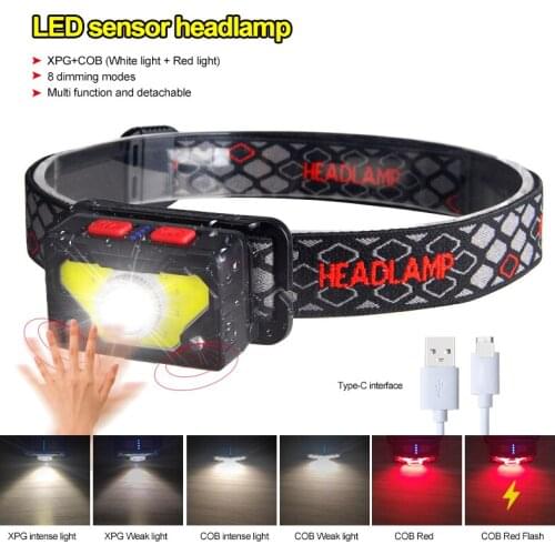8 Modes USB Charging Sensor Headlight with Magnet Hook Night Fishing COB Strong Headlamp Emergency Red Light Adjustable Head