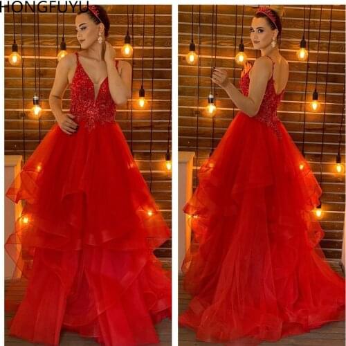 HONGFUYU Red Tiered Tulle Prom Dresses 2021 A Line Formal Evening Dress Long robe de soiree Sexy Party Dress Special Occasion