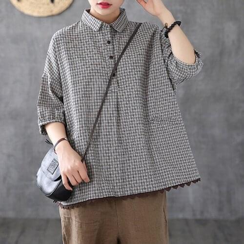 Johnature Cotton Linen Retro Plaid Short Sleeve Button Turn-down Collar Shirt 2021 Summer New Simple Leisure All-match Women Top