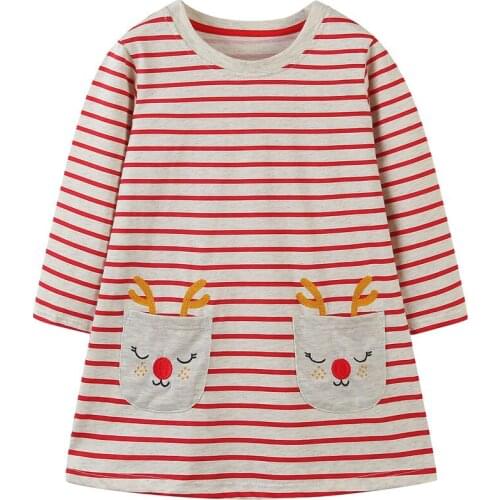Jumping Meters Christmas Winter Girls Deer Applique Cotton Long Sleeve Kids Girls Party Dresses Stripe Baby Clothing