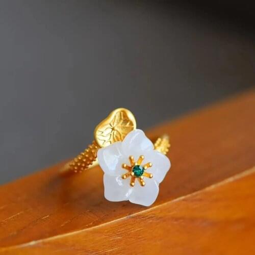 Natural Hetian Jade Palace Style White Jade Flower Ring S925 Pure Silver Lotus Ring Cheongsam Accessories Ring Jewelry