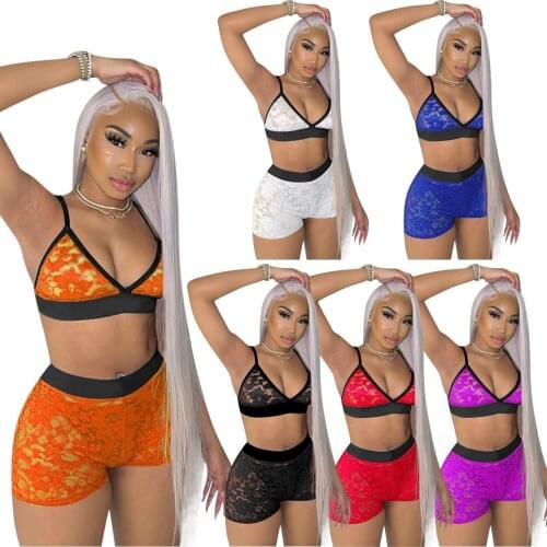 Sexy Bra Lace 2 Pieces Shorts Sets Women Beach Wear Spaghetti Strap Crop Top and Mini Shorts Summer See Through Club Outfits