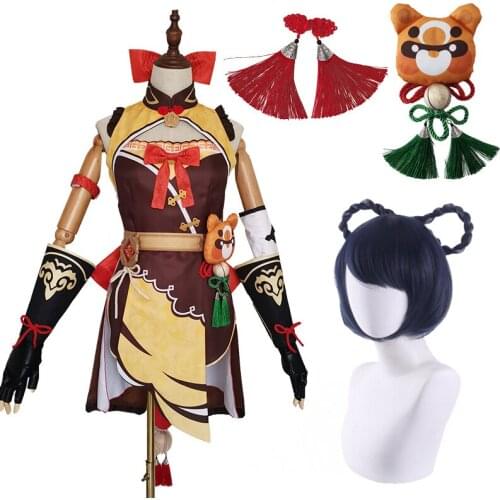 Game Genshin Impact Cosplay Costume Xiangling Cute Women/girl Cosplay Wigs Dress Set Anime Halloween Party Outfit Uniform Gift