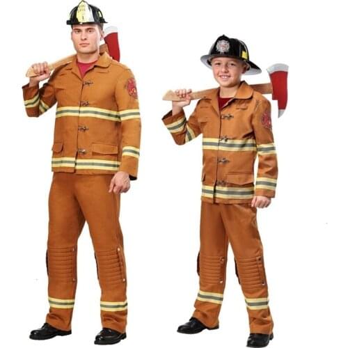 New Firefighter Cosplay Halloween Costumes for Kids Children adult Fire Police Clothing Fireman Uniform for Boy men Costume Set