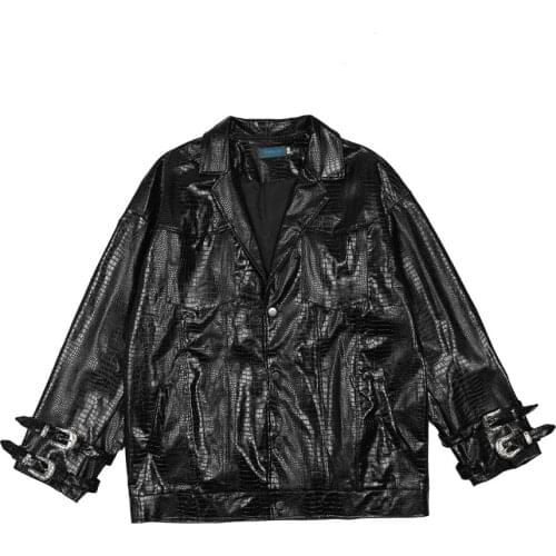 Crocodile Pattern PU Leather Jacket Men Streetwear Hip Hop Punk Fashion Casual Loose Locomotive Jacket Tops Male Leather Coat