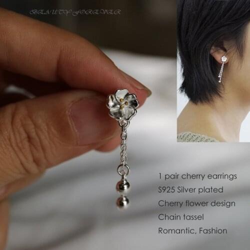 Fashion Cherry sakura flower earrings for women S925 Silver plated floral stud earring female girl jewelry gifts
