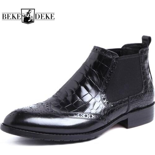 Brand Black Chelsea Boots For Men Genuine Leather Pointed Toe Italian Business Wedding Ankle Boots Wing Tip Work Safety Shoes