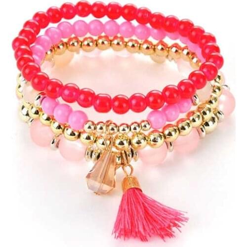 Charm Bangle Gifts Crystal Stone Jewelry Beaded 4Pcs Bracelet Multilayer