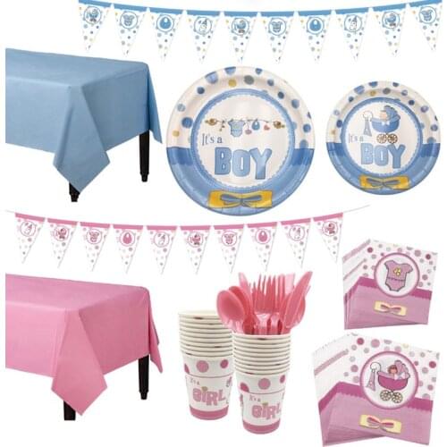 Baby Shower Disposable Tableware Set Its a Girl or Boy Print Paper Plates Cups Napkins Gender Reveal Party Supplies Favor Decor