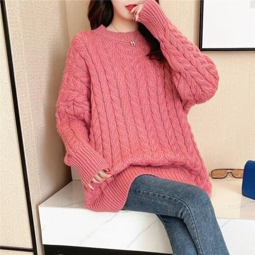 Pure Color Sweater Womens Autumn and Winter Wear 2020 New Thicker Loose Lazy Wind Cranberry Christmas Twist Pullover Sweater