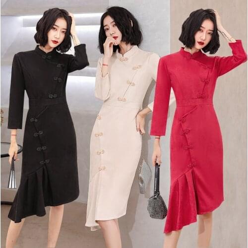 FZSLCYIYI Chinese Traditional Suede Mermaid Cheongsam Female Party Elegant Ladies Vintage Women Long Sleeve Velour Qipao