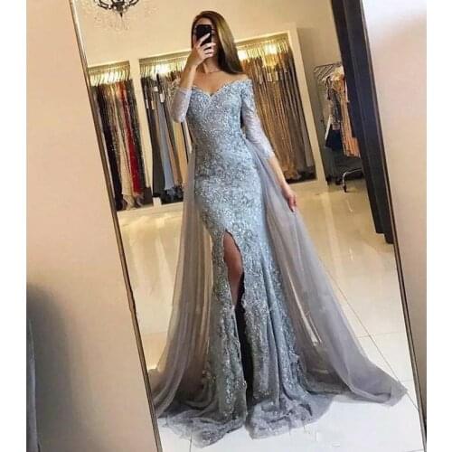 Avondjurken 2019 Silver Black Lace Evening Dress Long Mermaid with Train High Split Saudi Arabic Women Formal Prom Evening Gown