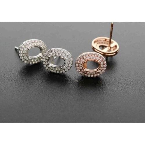Multiple Sizes Oval Solid 925 Sterling Silver Rose Gold Tone DIY Prong Studs Earrings Settings Bezel with Cubic Zirconia 1706025