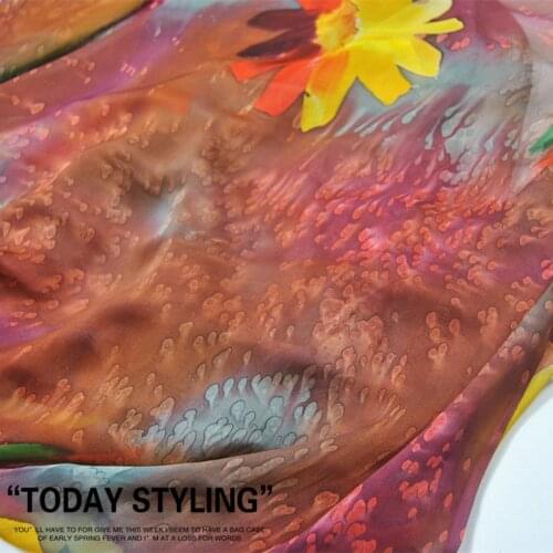 Silk Chiffon Fabric Dress Large Wide Red Lemon Yellow Hazy Flower Real 100% clothing Cloth DIY patchwork