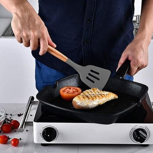 Silicone Slotted Spatula High Heat Resistant to 480°F BPA Free Food Grade Slotted Turner Wooden Handle Nonstick