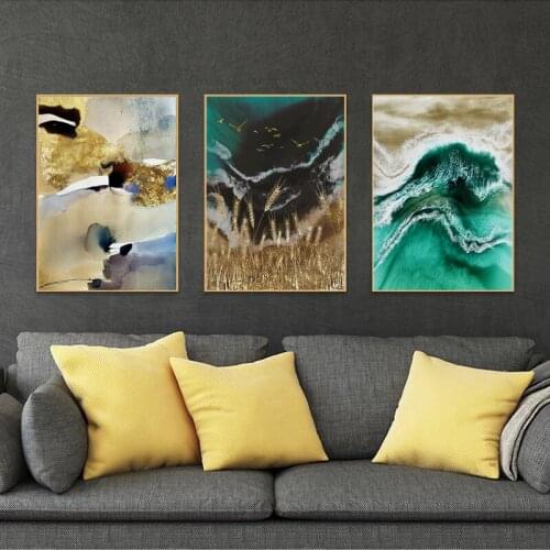 Nordic Gold Green Abstract Art Oil Painting on Canvas Wall Art Posters Prints Wall Pictures for Living Room Home Cuadros Decor