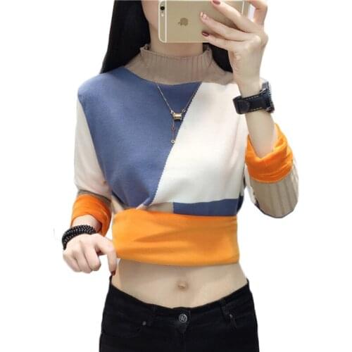 Color Matching Sweater Women New Winter Clothes Plus Velvet Warm Jumper Half Turtleneck Knitted Sweater Pullover Female Tops 171