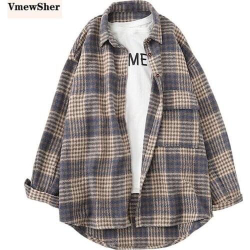 VmewSher New Plaid Women Shirt Woolen Thick 2020 Autumn Winter Retro Preppy Style Warm Elegant Long Sleeve Turn-down Collar Tops