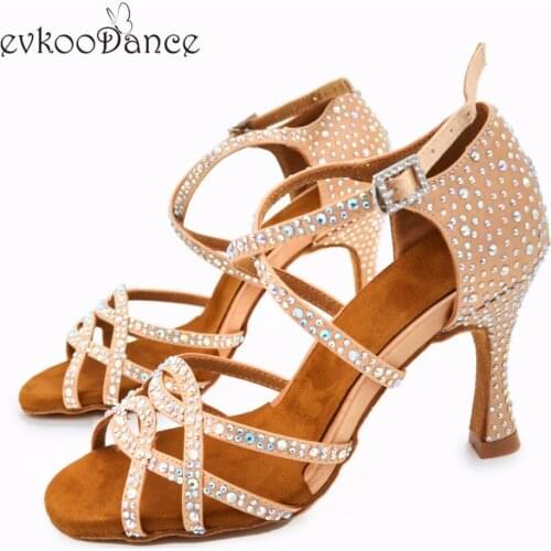 Evkoodance Latin Dancing Shoes Khaki Satin With Rhinostone 9-9.5 cm Heel Height Professional Dance Shoes For Women Evkoo-520