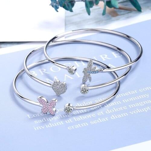 New Arrival 925 Sterling Silver Trendy Shine CZ Zircon Lotus Leaf Butterfly Dragonfly Ladies Bangle Jewelry Women No Fade