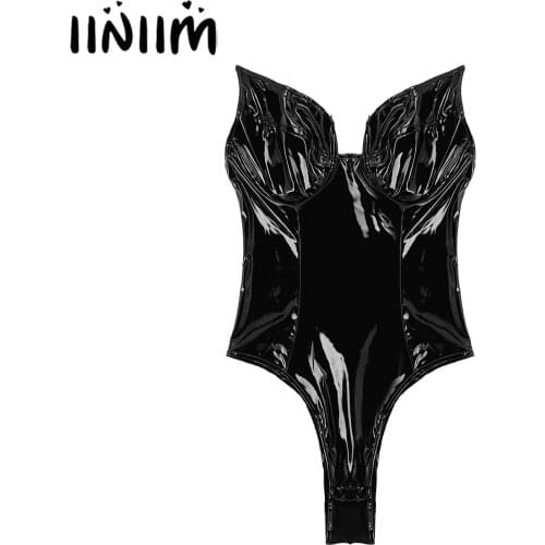 Adult Wet Look Costumes Leather Lingerie Skinny Bodysuit for Womens Shiny Strapless High Cut Thongs Rave Porno Catsuit Clubwear