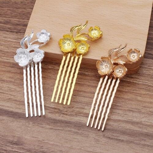 10 PCS 50x15mm Alloy Flowers Branch Hair Combs Base Gold Silver Color 5 Teeth Hair Combs Setting For DIY Jewelry Accessory