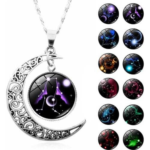 12 Constellation Necklace Zodiac Signs Cabochon Glass Crescent Moon Pendant Clavicle Chain Necklace Birthday Gifts For Women