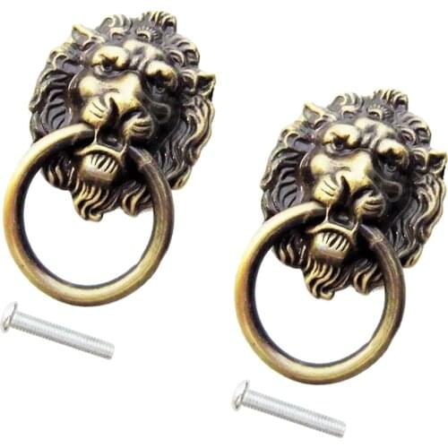 2x Vintage Brass Decorative Lion Head Knobs Dresser Drawer Door Pull Handles